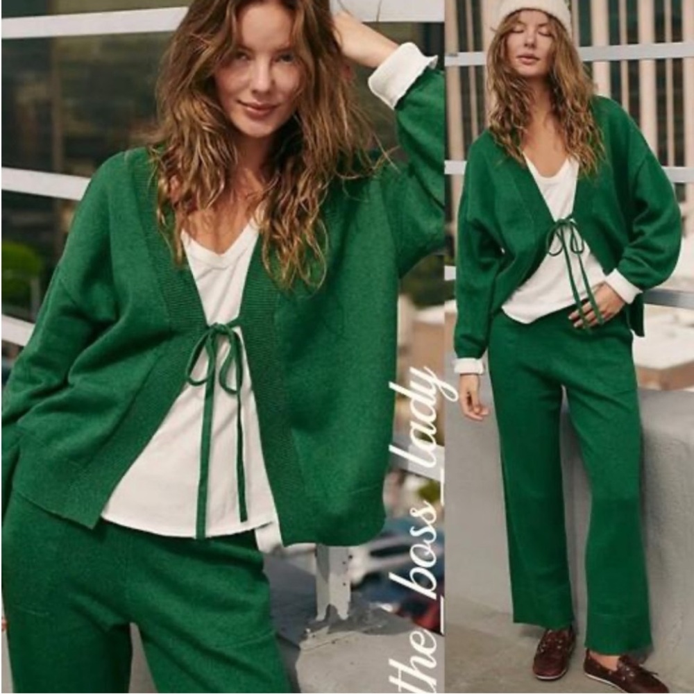 Free People Emerald Green Women's Wide Leg Pants & Cardigan Set